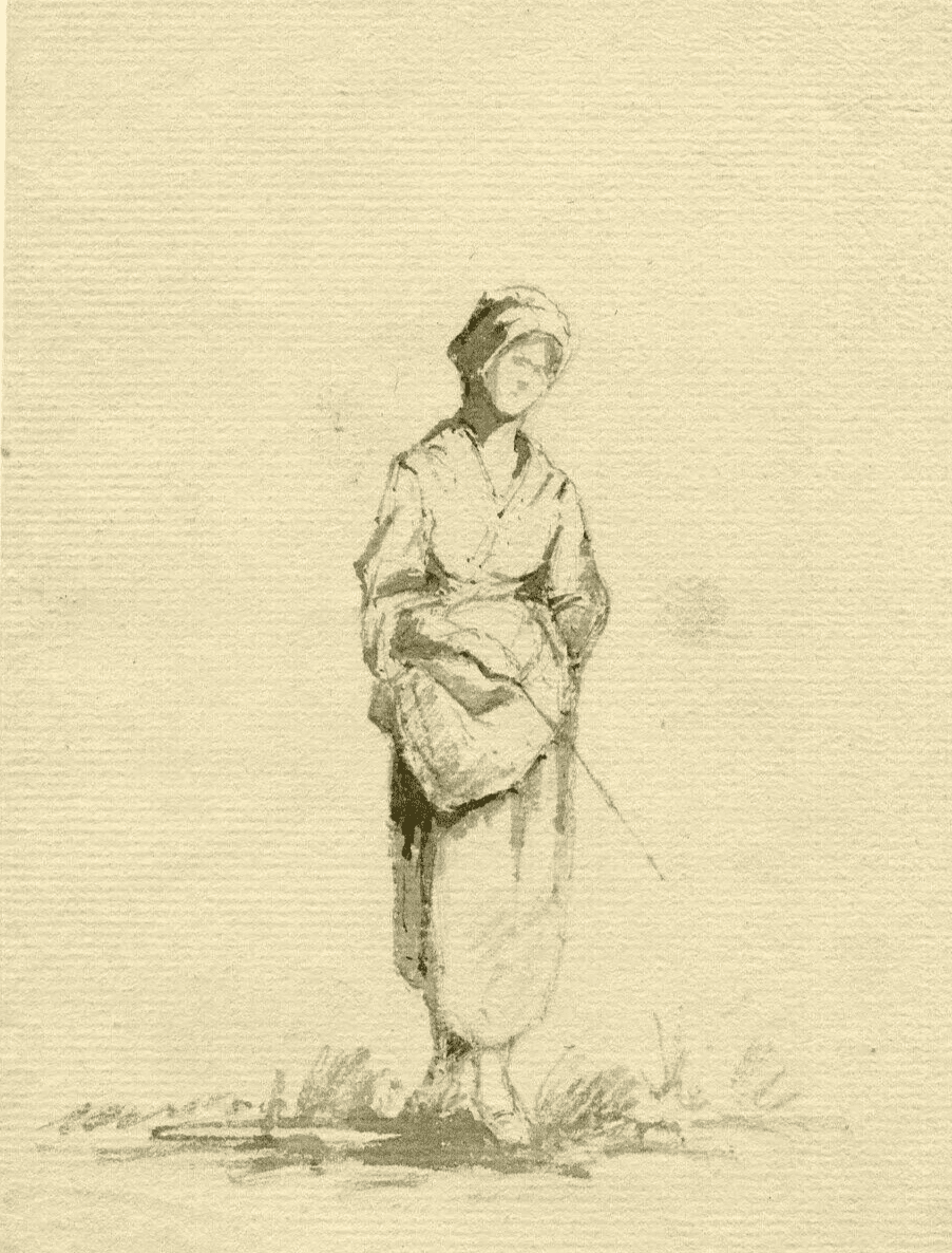 Antique Ink Original Drawing 19th century Farmer, Woman, Costume, Hat image 1