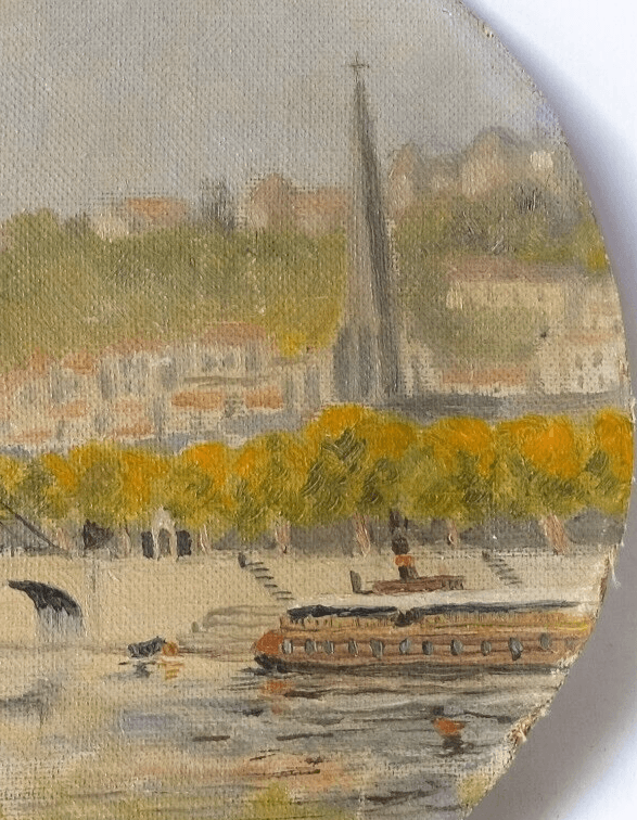 Vintage Oil Painting Maritime Landscape, Boat, City, Bridge, Quay signed Artwork image 2
