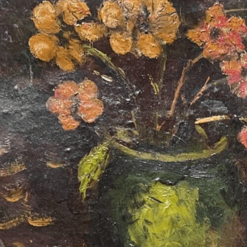 Vintage Antique Oil Painting Still Life Bouquet, Flowers in a Vase, Apples image 2