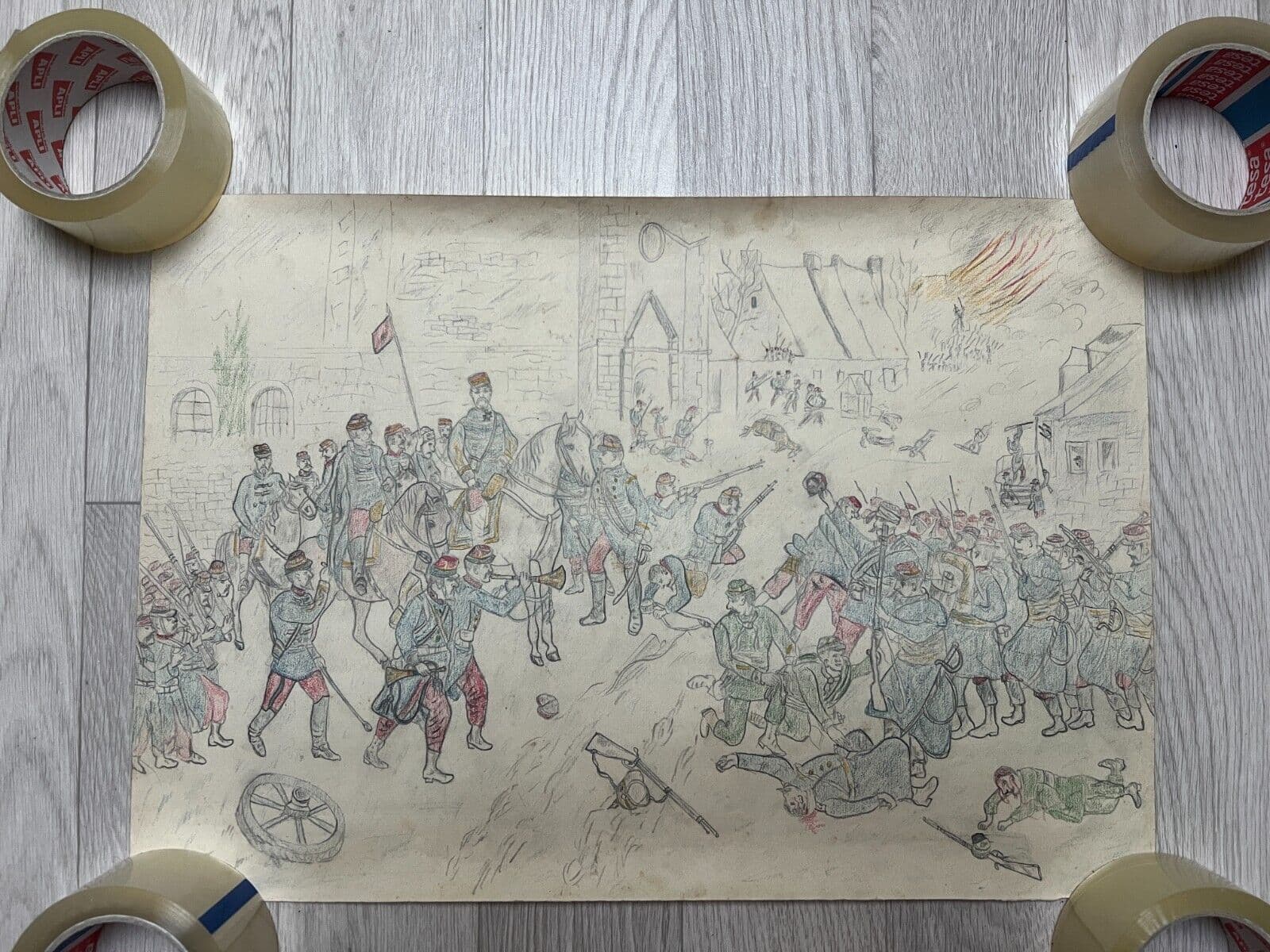 Antique Original Drawing Men, Military, People, War, Riffle image 5