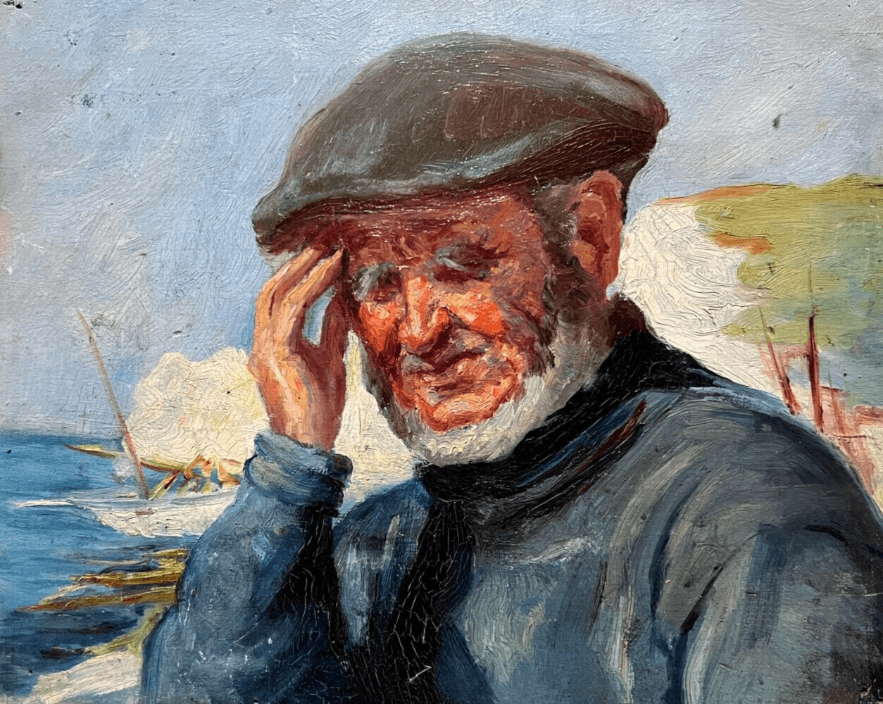 Antique Original Painting  signed Man Portrait, Fisherman, Landscape image 1