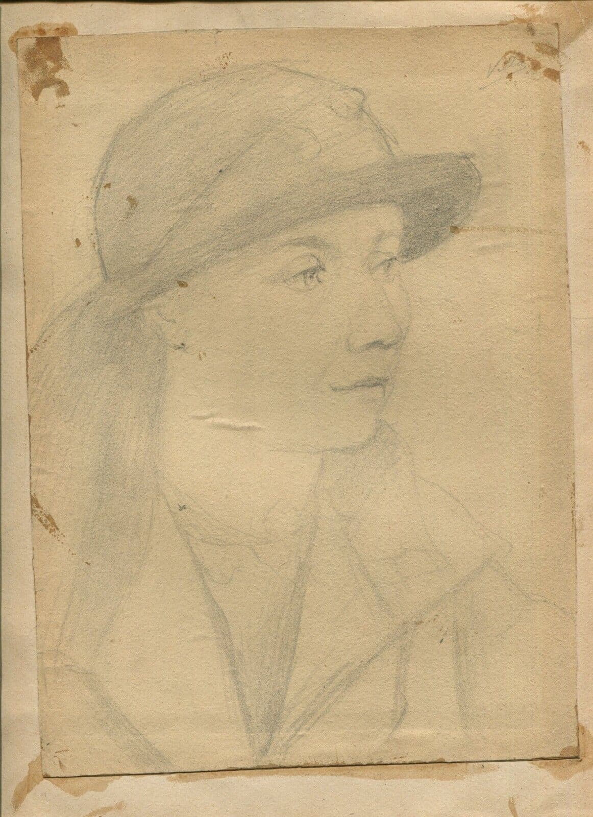 Antique Pencil Drawing Original Woman Portrait with Hat signed image 6