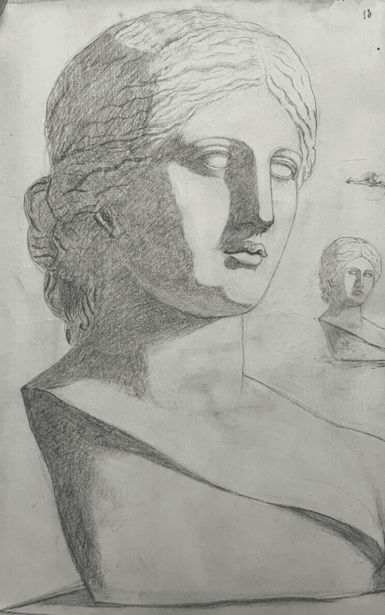 Antique Original Drawing Woman, Portrait, Sculpture, Greek image 1