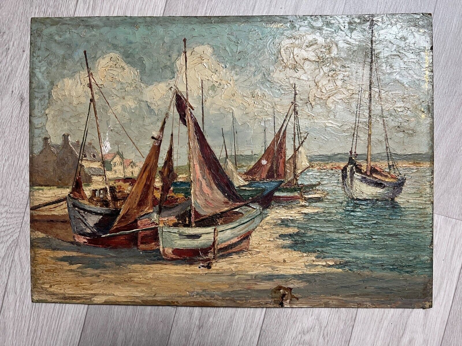 Antique Oil Painting Original Landscape, Seaview, Boats signed image 4