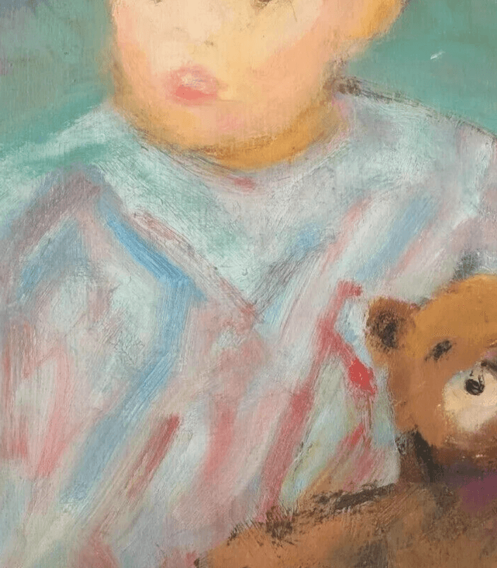 Vintage Oil Original Painting signed Young Boy Portrait Teddy Bear French Framed image 4