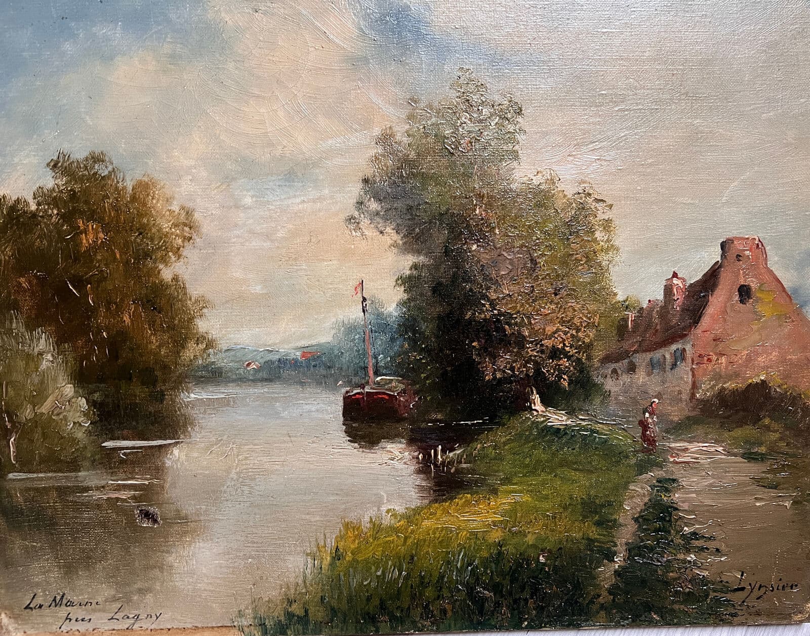 Antique Original Painting by LINSYER Th (XIX-XX) Marne Landscape next to Lagny