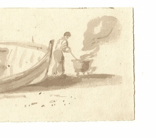 Antique Ink Original Drawing Man, Fire, Boat, Maritime, Beach, Seascape image 3