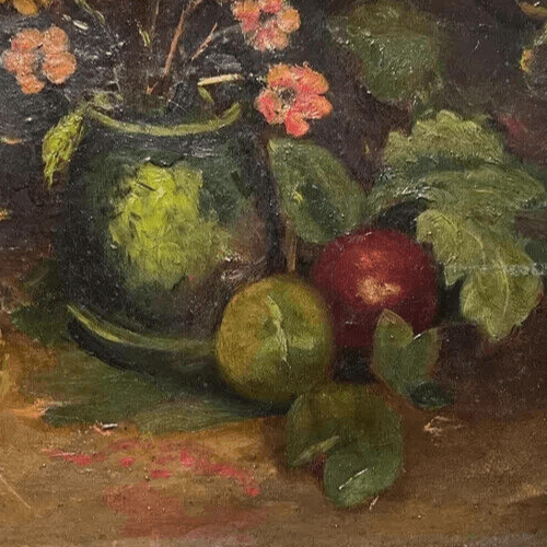Vintage Antique Oil Painting Still Life Bouquet, Flowers in a Vase, Apples image 3
