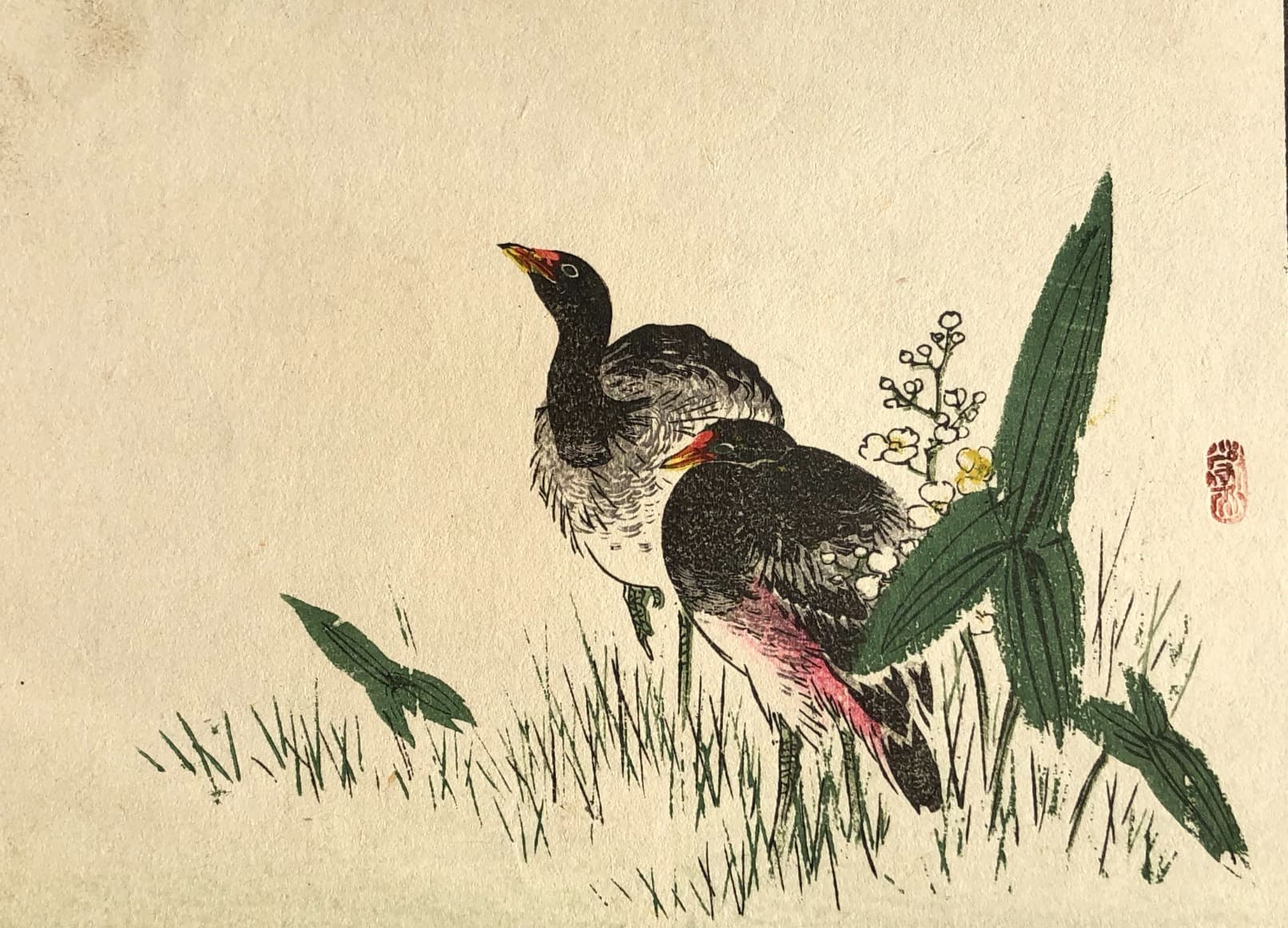 Black and Pink Birds Japanese WoodPrint c. 1890