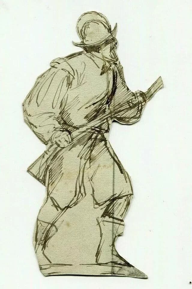 Antique Ink Original Drawing Military Man with Riffle, War image 6