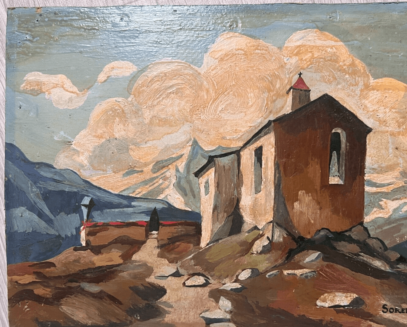 Antique Original Painting Chalet Mountain Landscape image 6