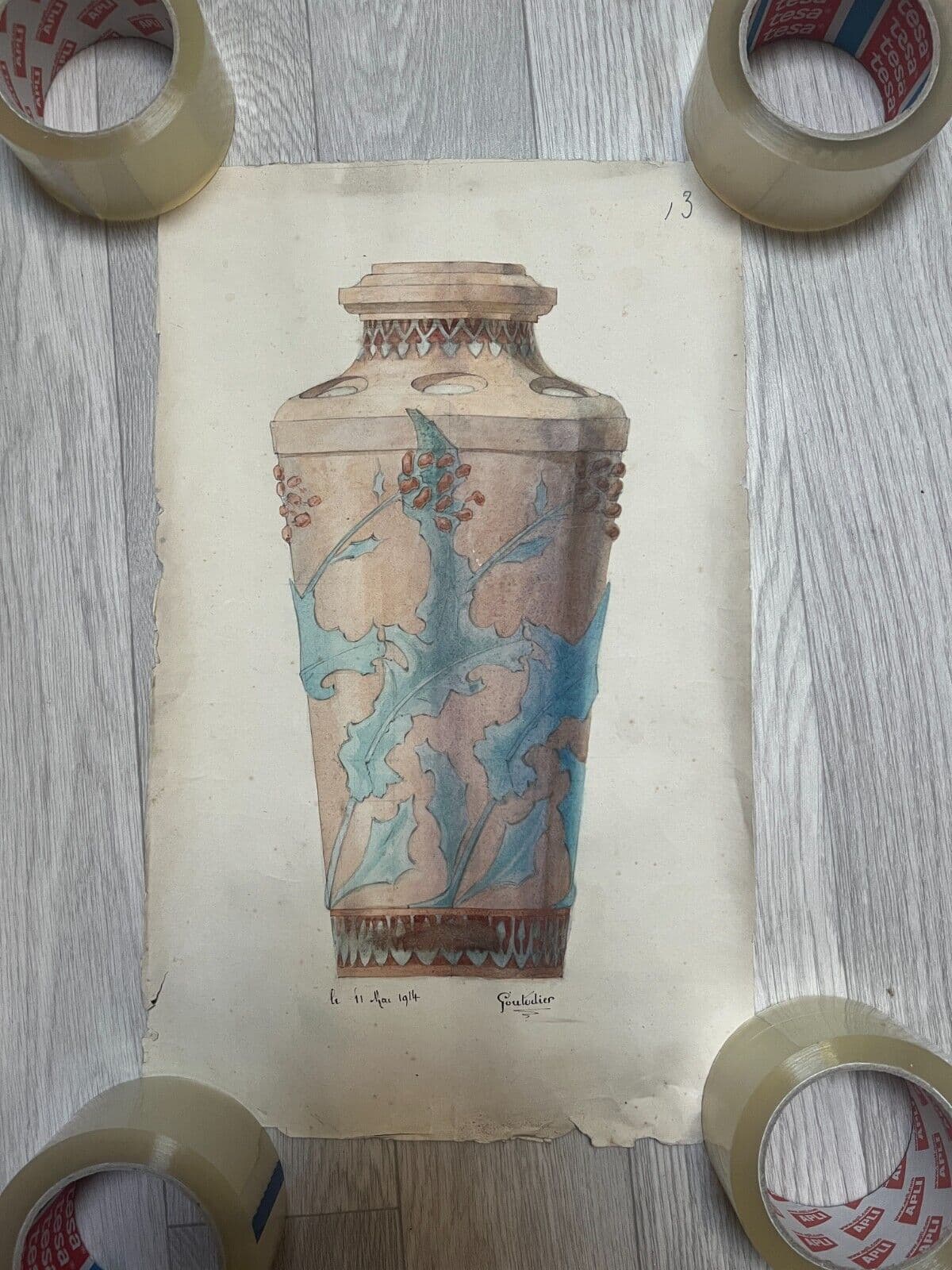 Antique Architecture Original Drawing Architecture, Vase signed image 2