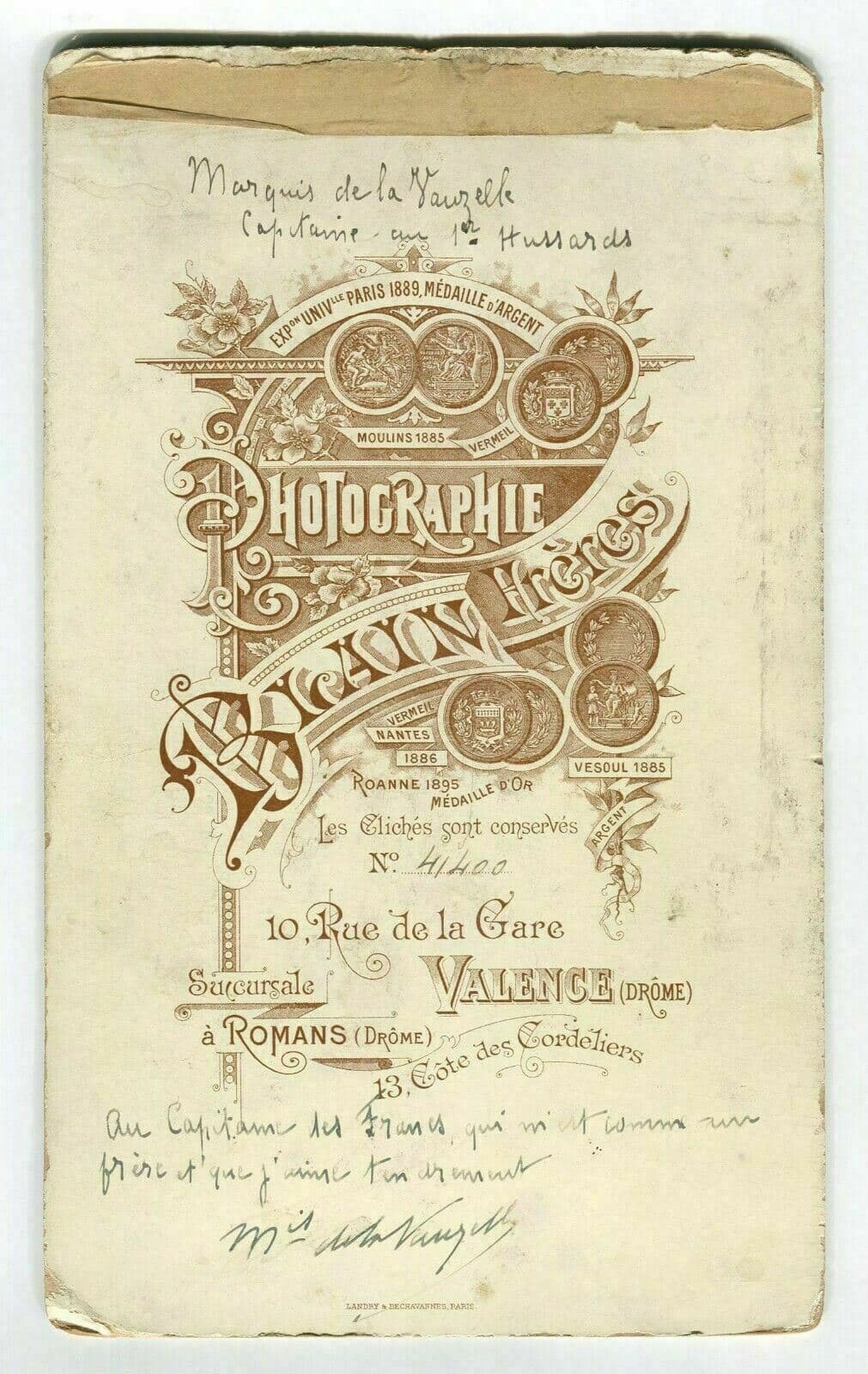 Cabinet Card Photograph BLAIN FRERES Marquis de la Vauzelle Dedicated c. 1895 image 4