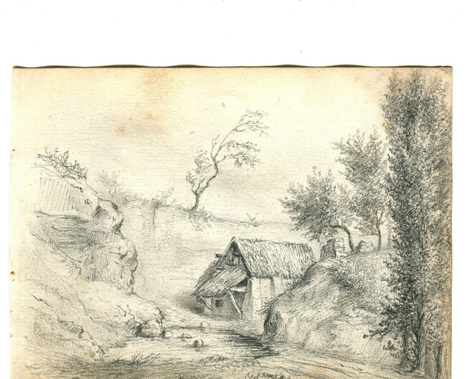 Antique Pencil Original Drawing 19th century Landscape, Farm, Forest image 6
