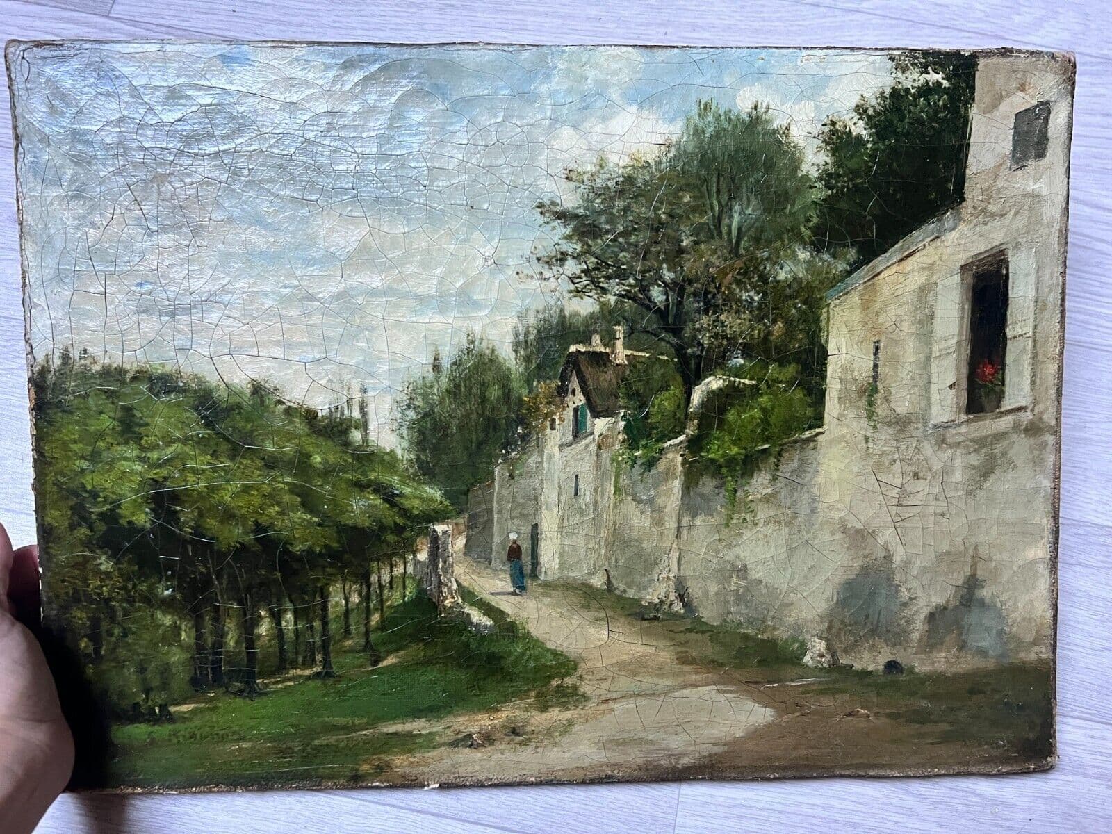 Antique Original Painting Cityscape Woman Village, Trees signed 19th century image 6