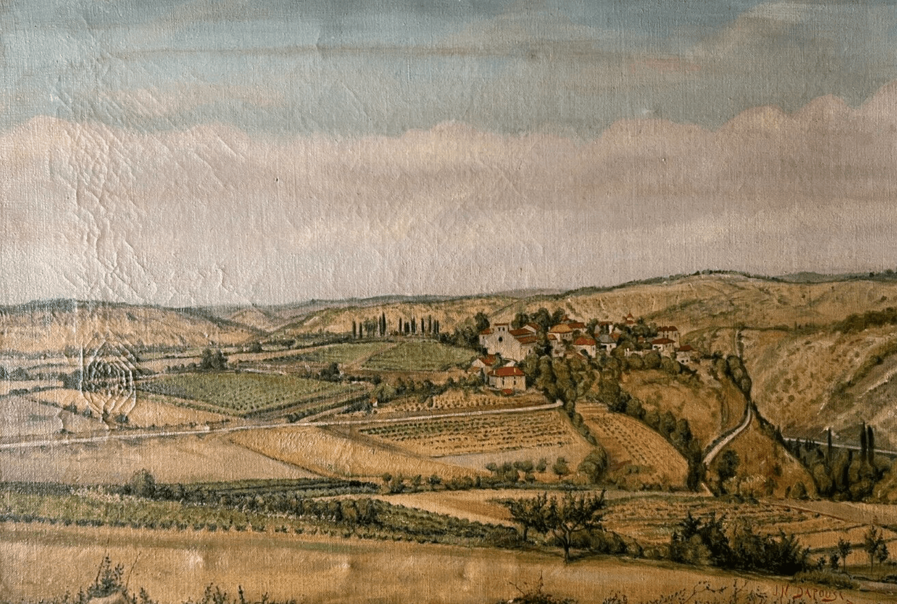 Vintage Oil Painting Landscape, Belaye, Village, Fields signed 1947