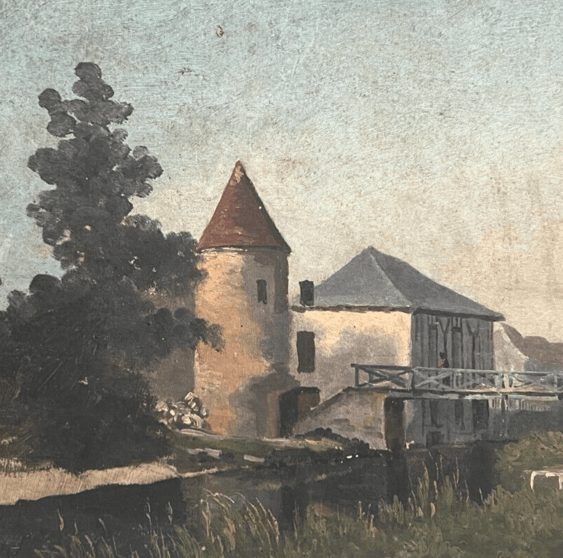 Antique Original Painting Landscape, River, House, Trees, Bridge image 2