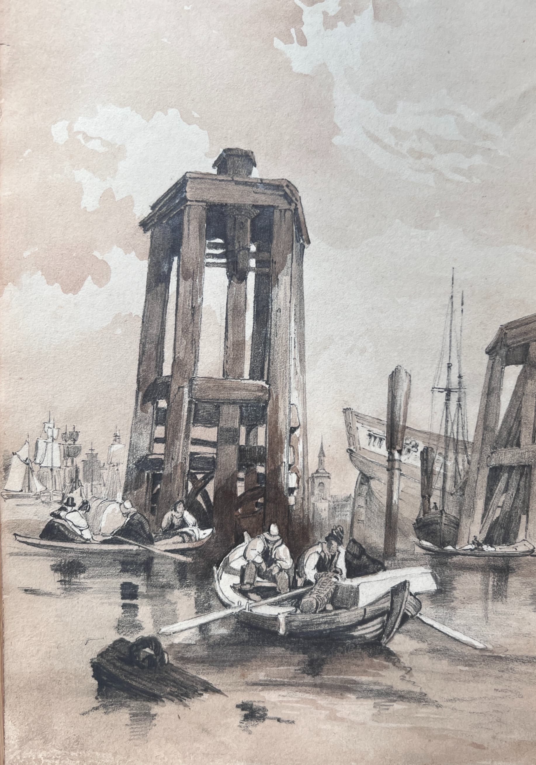 Maritime Landscape with Boats 19th century Drawing