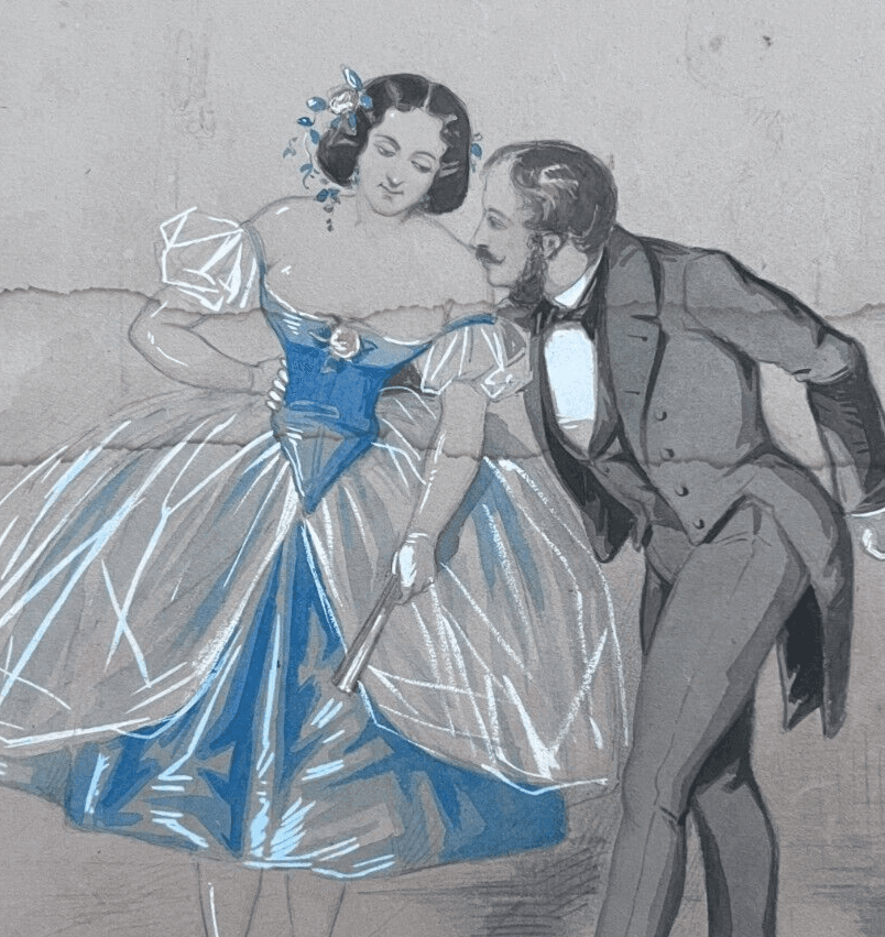 Original Antique 19th century Drawing Couple Dancing image 1