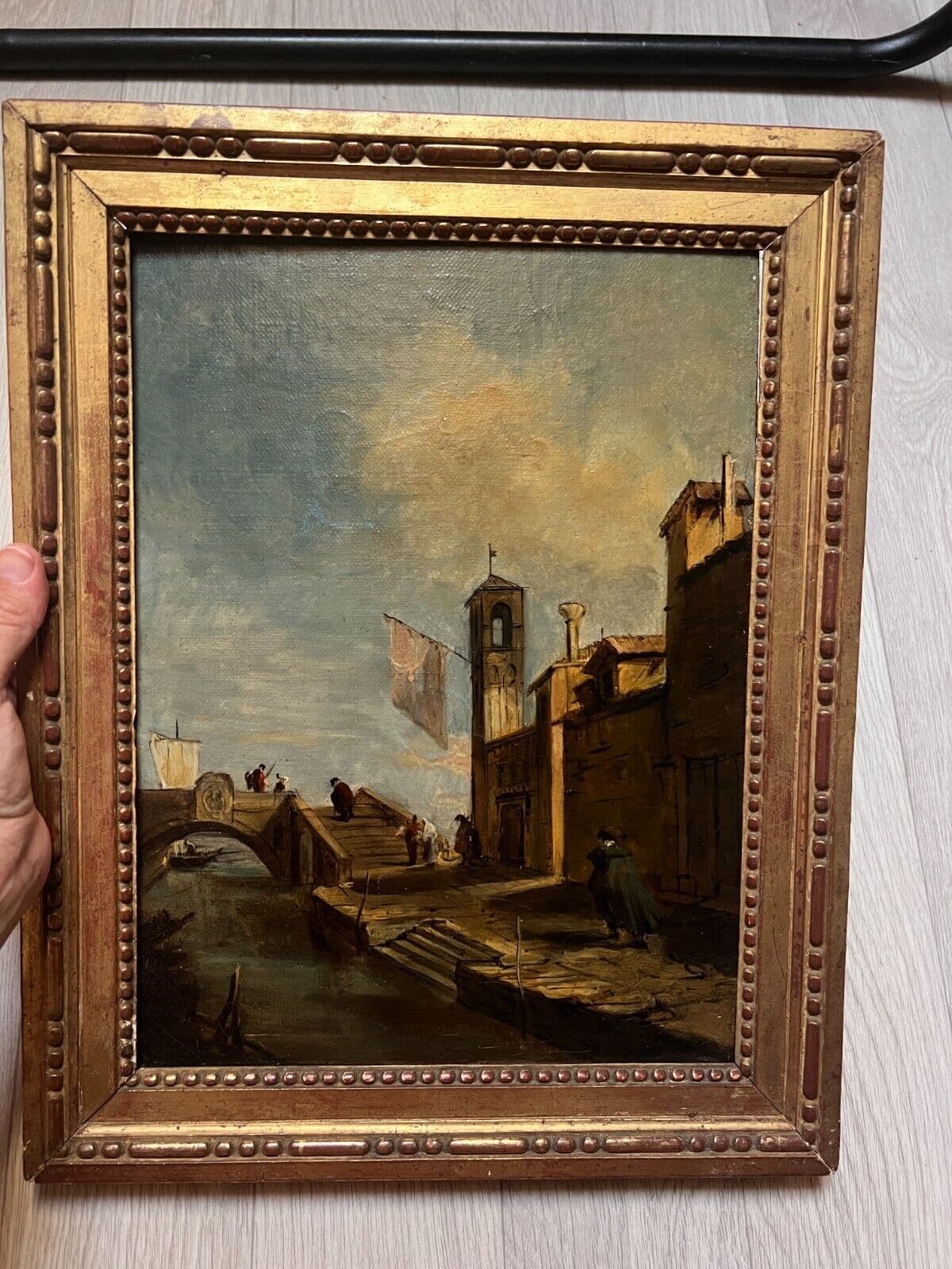 Antique Painting Original Cityview, Venice, Bridge Vecchio, People after Guardi image 2