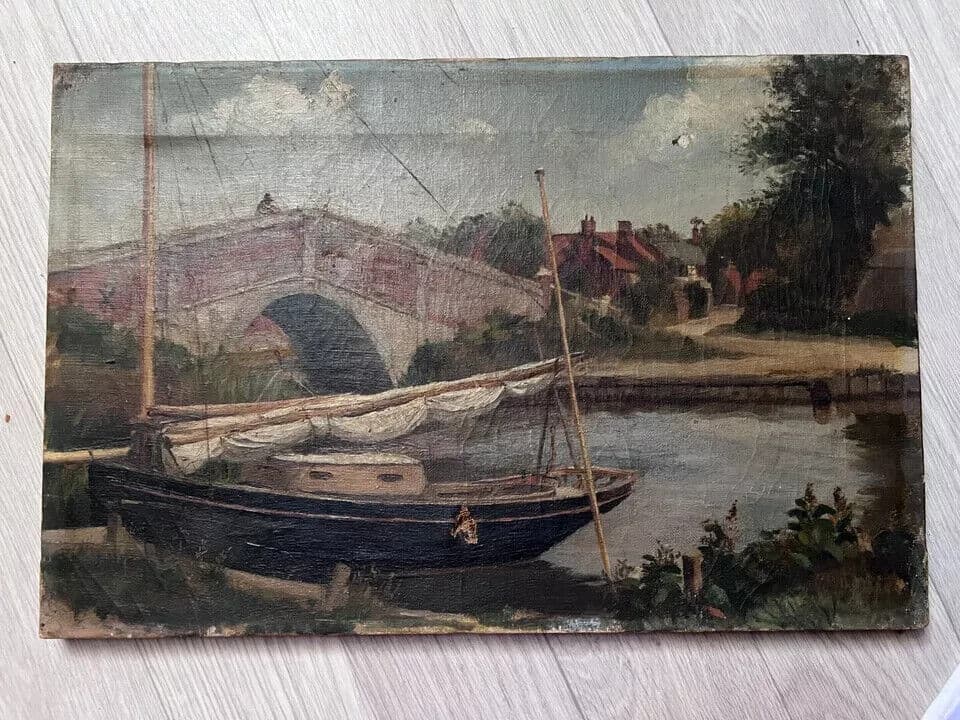 Antique Oil Original Painting Landscape, Bridge, Town and Boat 19th century image 2