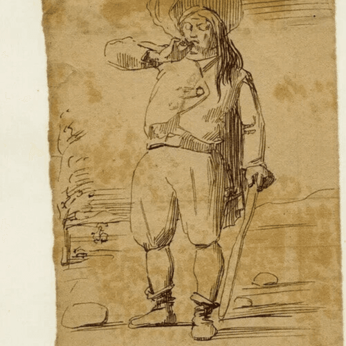 Antique Ink Drawing Original 19th century Man Smocking a Pipe, Flemish image 3