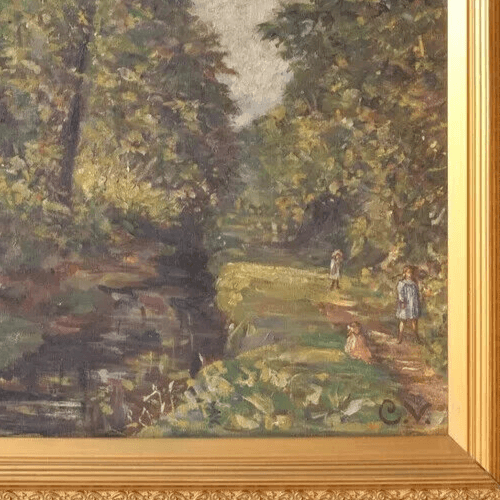 Antique Painting Original Landscape Forest and Children Playing signed image 6