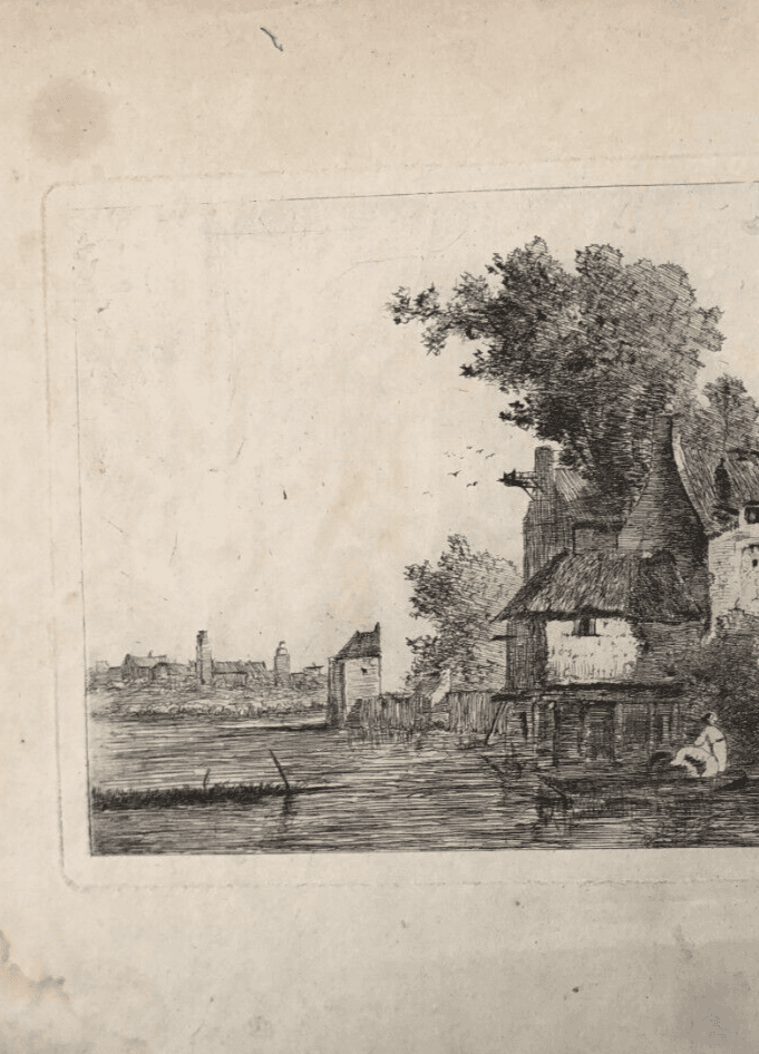 Antique Etching Original Landscape, Tree, Man, House, Boat image 4
