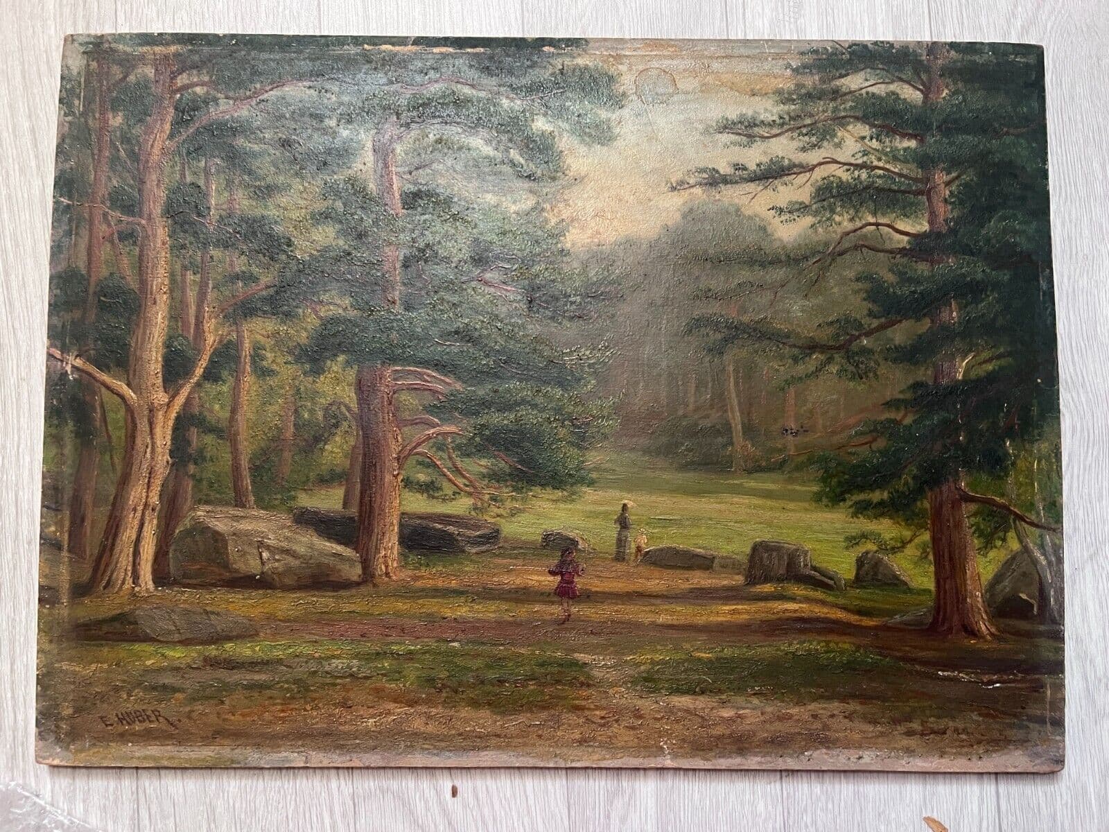 Original Painting signed, Landscape, Family, Kids,  Forest, Trees image 2