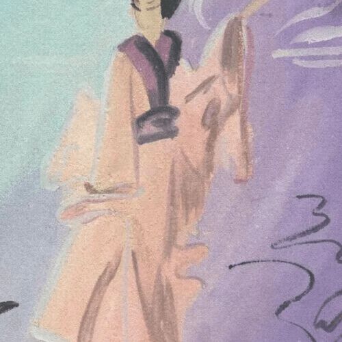 Vintage Drawing Woman Portrait, Asian Figure, Bird, Genre Scene Asian Artwork image 4