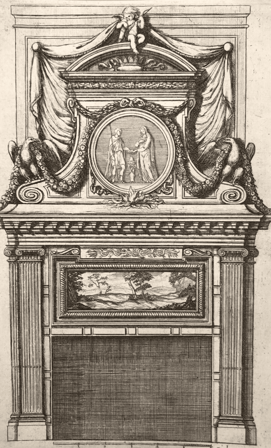Etching Original Antique 17th century Architecture, Fireplace, Sculptures x4