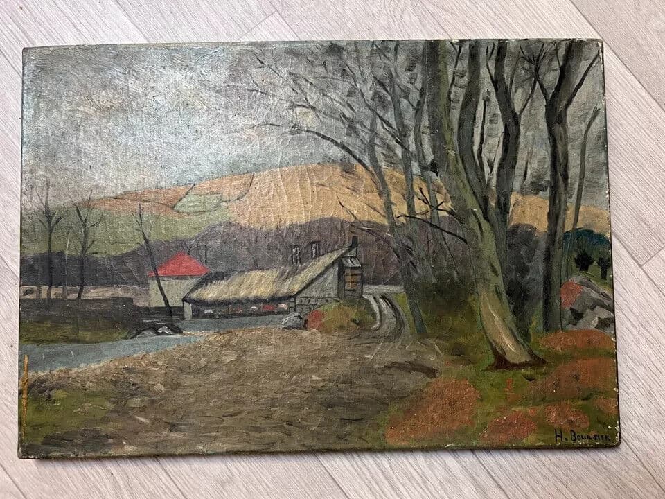 Antique Oil Painting Olivier BOURSIER (XX) Village Landscape, Trees image 6
