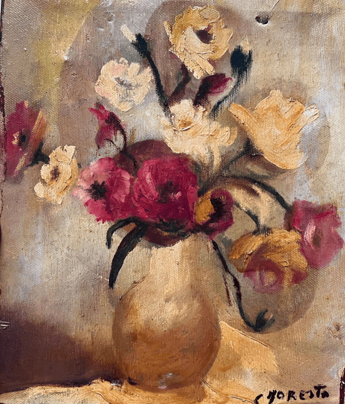 Antique Oil Painting C. FORESTO (1931) Still Life Bouquet, Flowers in a Vase image 1