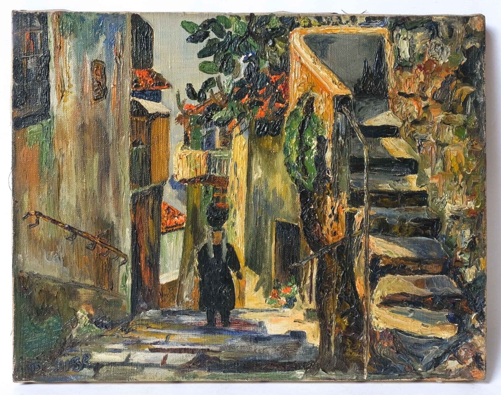 Painting Cityscape Woman with a Vase signed