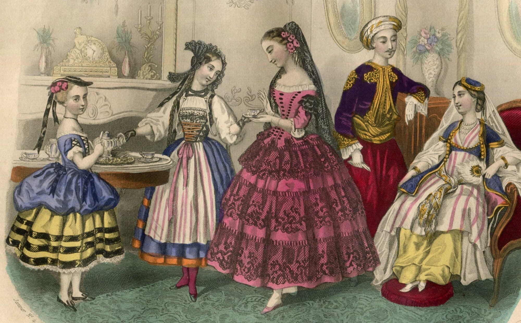 Antique Fashion Illustration - "Musée des Familles" Family Gathering with image 1