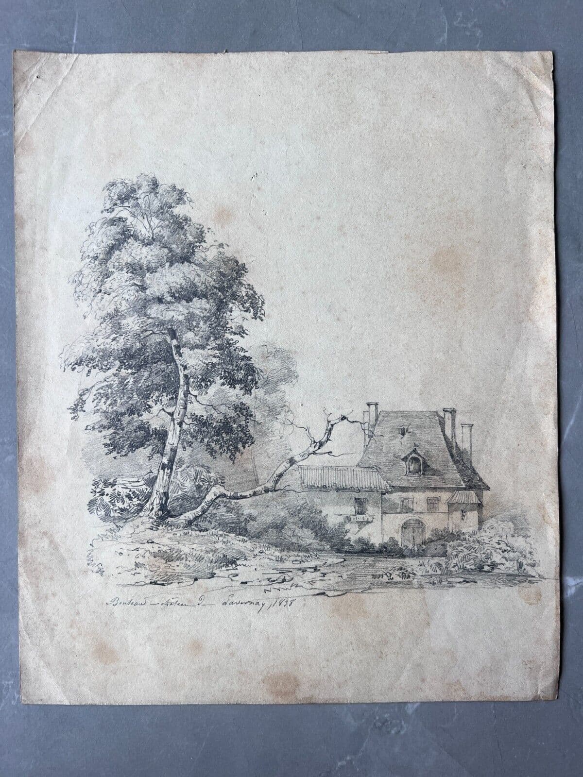 Antique Pencil Drawing 19th century Original Landscape Château de Santenay 1838 image 5