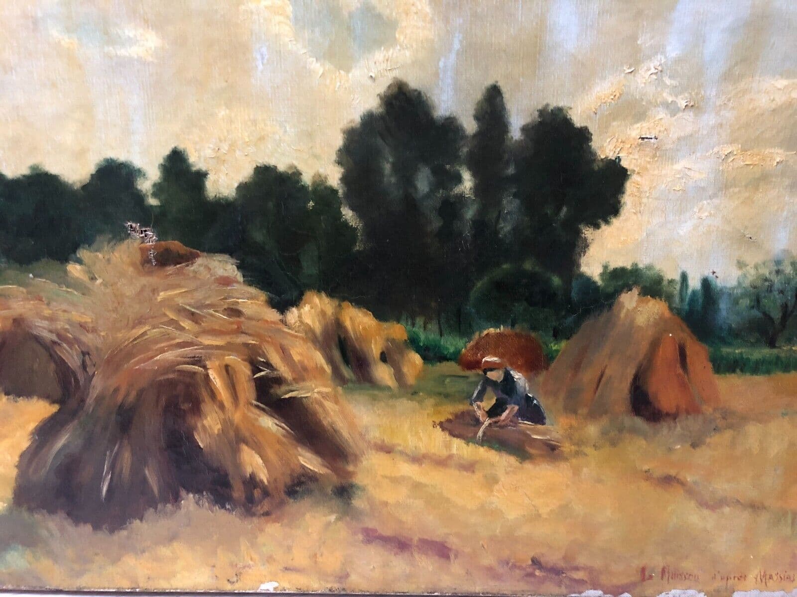 Antique Oil on canvas Old Painting Landscape, Hay, Fields image 1