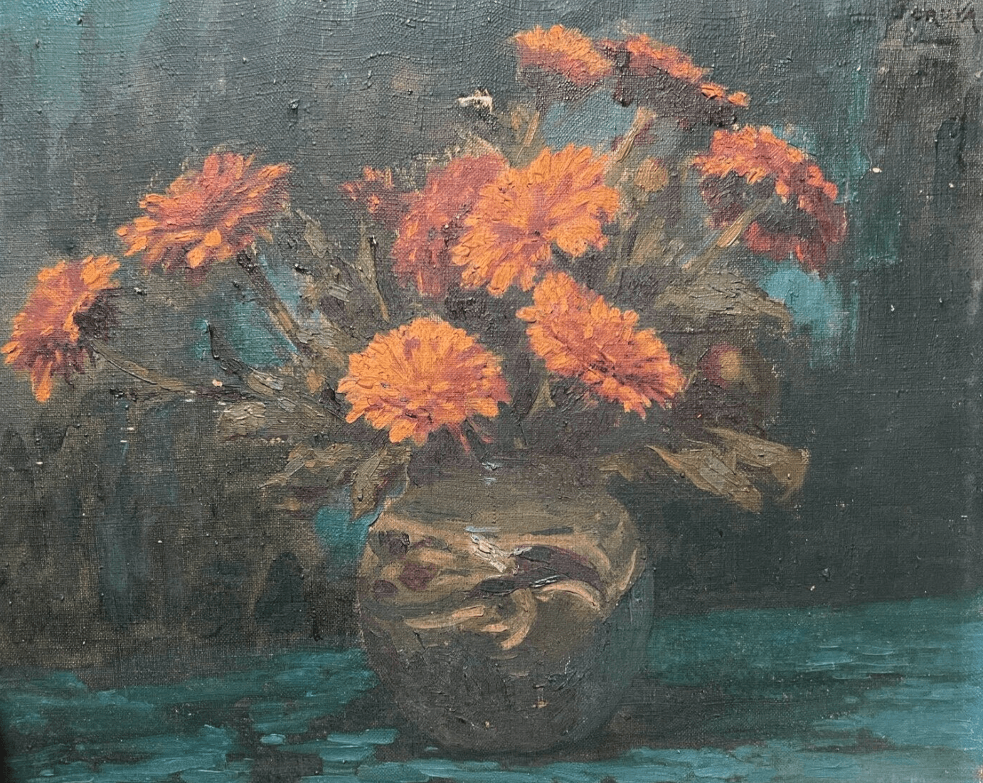 Antique Oil Painting Original Still Life, Flowers, Vase signed