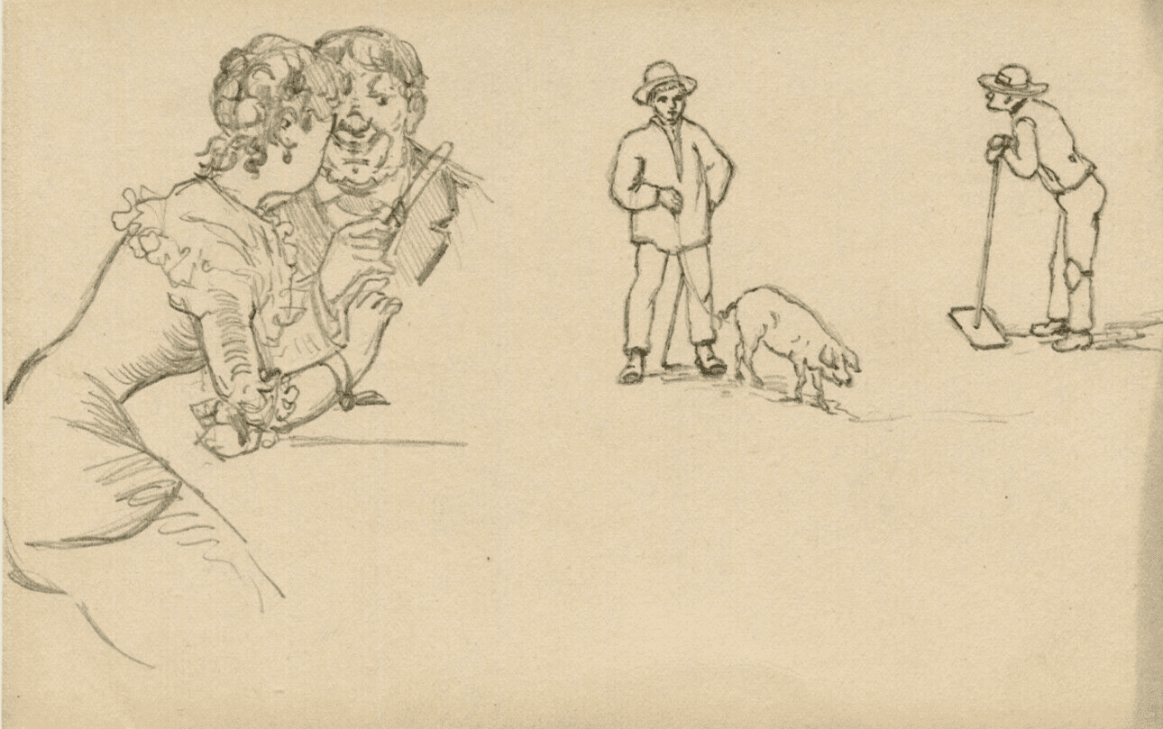Vintage Pencil Original  Drawing Couple Portrait, Man with Pig image 1