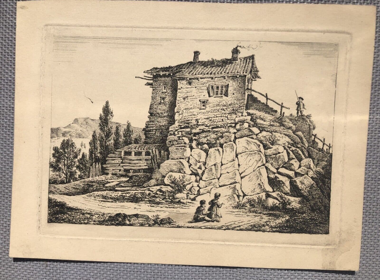 Antique Original Engraving Landscape, People, Children, House, Forest, Trees image 5