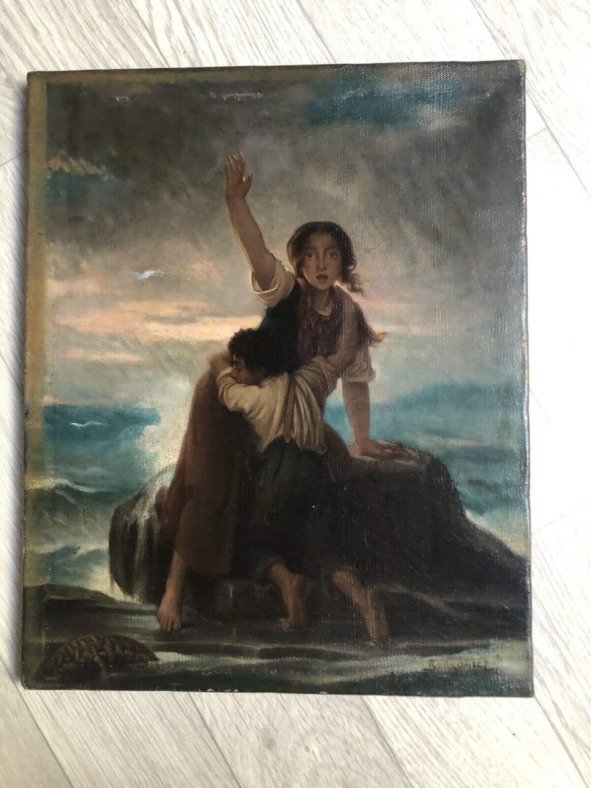 Painting Woman Shipwreck with Little Kid signed image 1