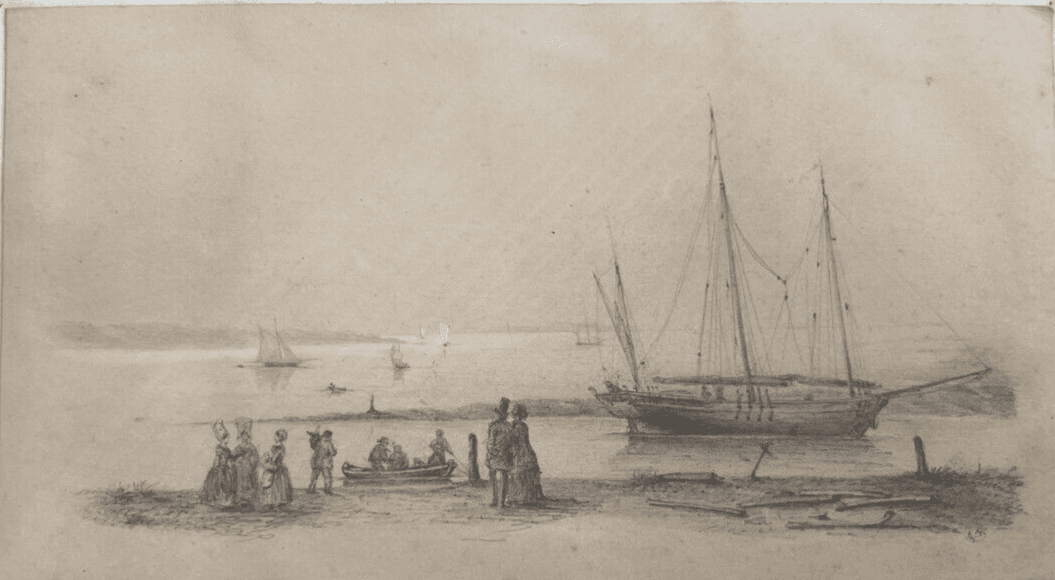 Antique Pencil Drawing 19th century Seaview Landscape with Boat and Figures image 1