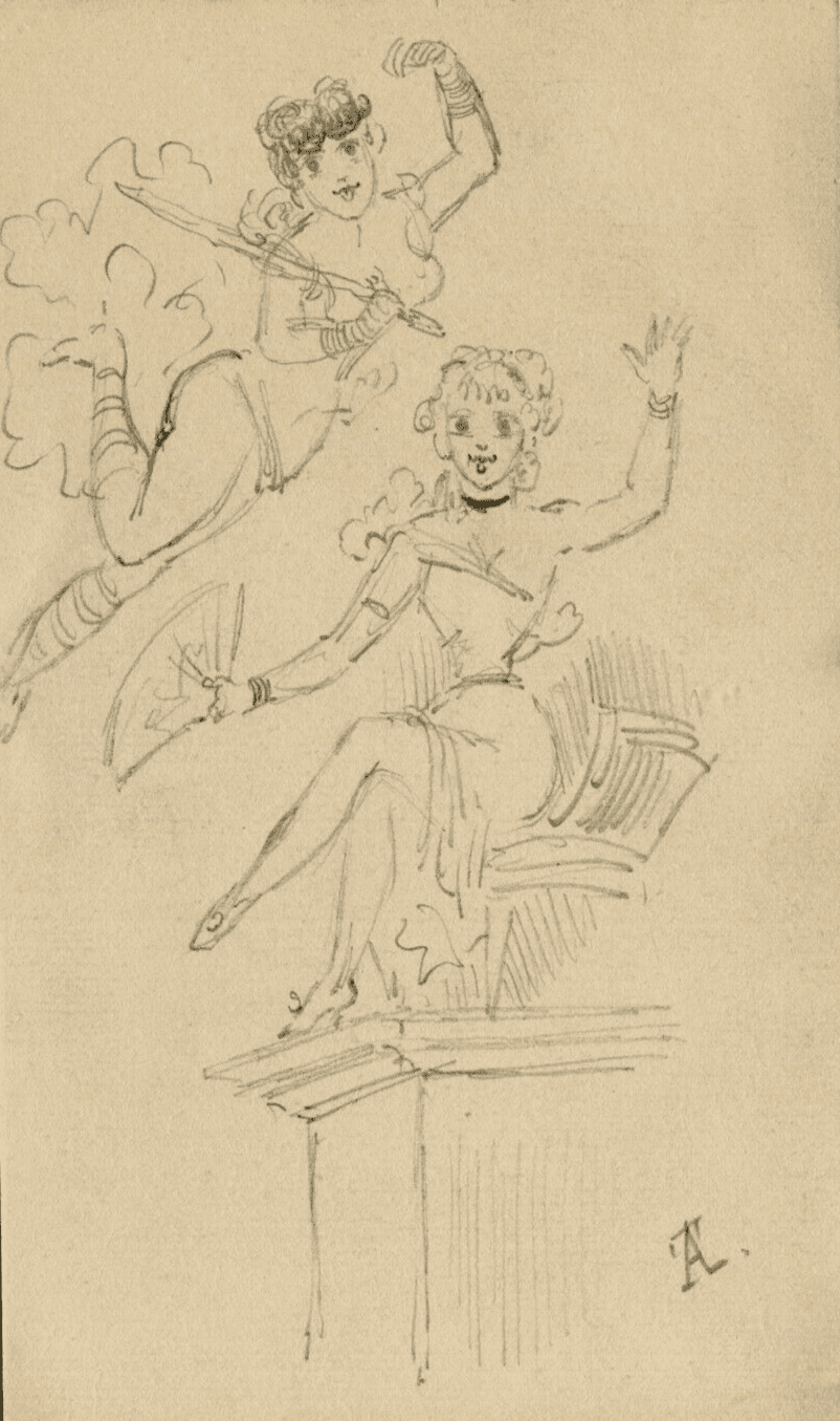 Antique Drawing Pencil Original Women, Angels, Music, Sketch