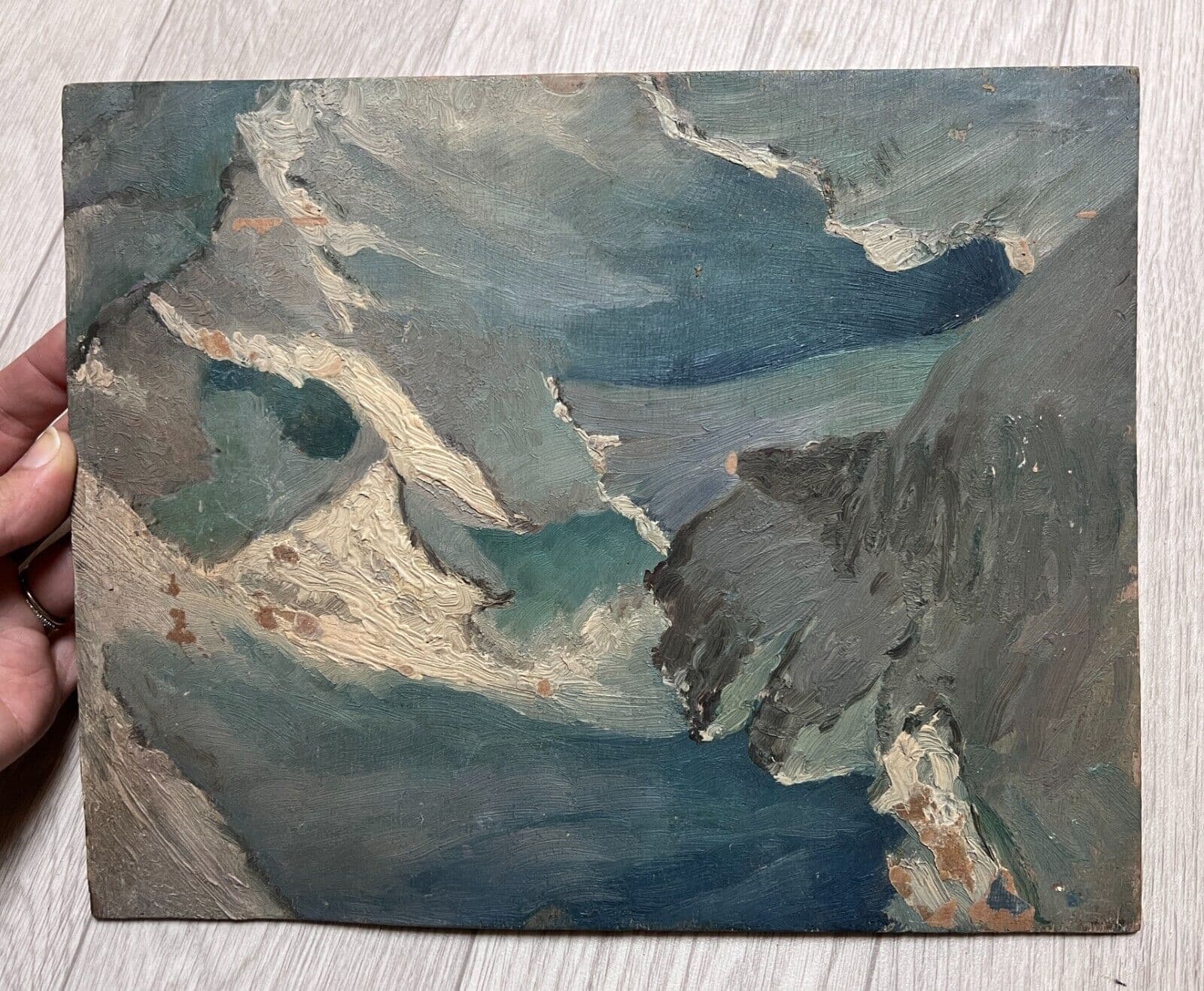 Antique Painting Original Mountain Landscape, Winter, Snow image 2