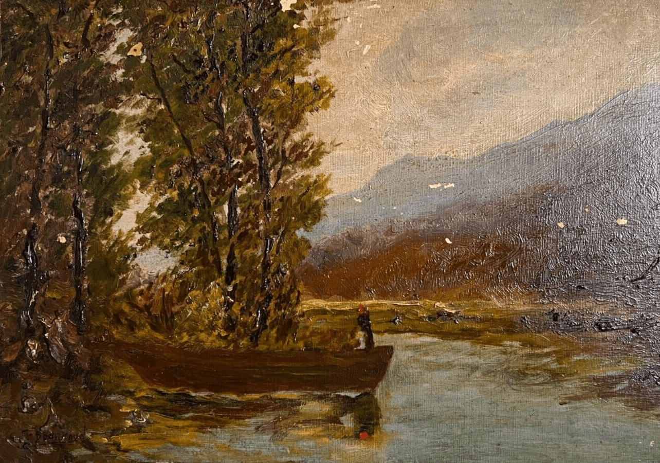 Vintage Oil Painting Maritime Landscape, Forest, Tree, Boat signed, Seascape image 1