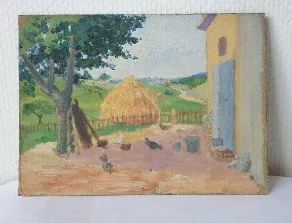 Antique Oil Original Painting Landscape Farm, Chicken Coop, Hay image 7