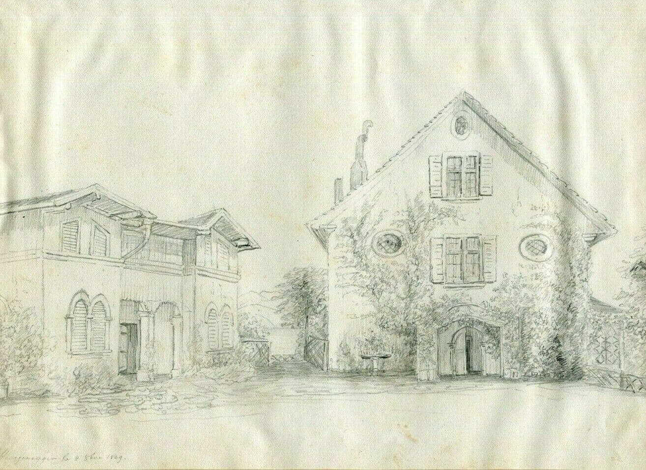 Antique Pencil Original Drawing 19th century Houses, Landscape 1849 image 1