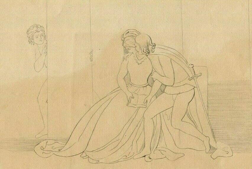 Antique Pencil Original Drawing 19th century Couple of Lovers image 1