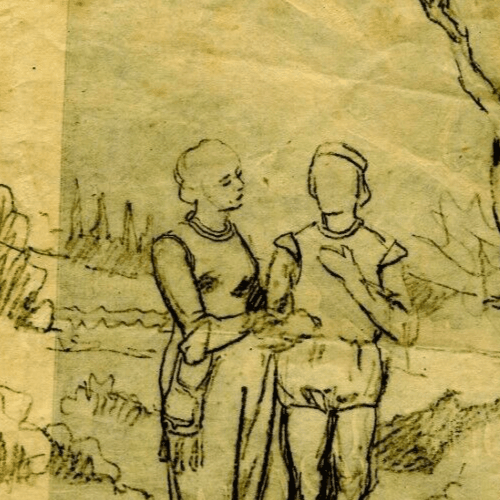 Antique Pencil Drawing Vintage Pre Raphaelite Figures, Dikeos Collection image 3