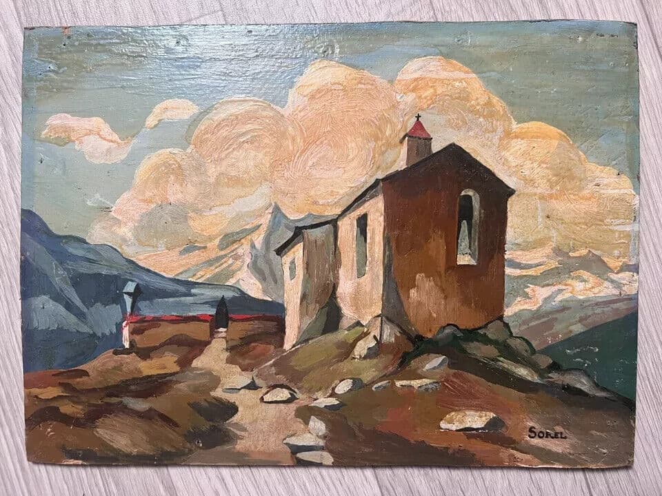 Antique Original Painting Chalet Mountain Landscape image 2